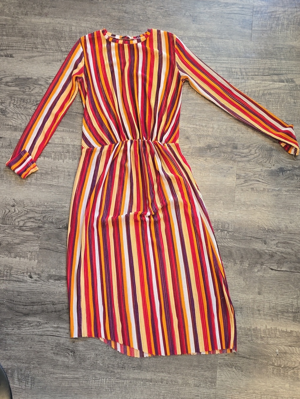 Zara Long-Sleeve Striped Midi Dress in Red, Yellow, Pink, Purple
